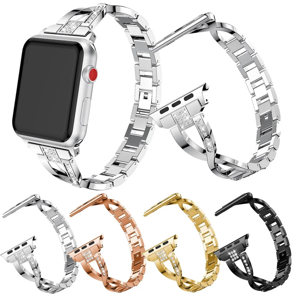 For Apple Watch Ultra 3 2 1 49mm / Series 11 10 46mm / 9 8 7 45mm / SE3 SE2 SE 6 5 4 44mm / 3 2 1 42mm X-Shape Rhinestone Decor Alloy Watch Band Wrist Strap Replacement - Silver - 6