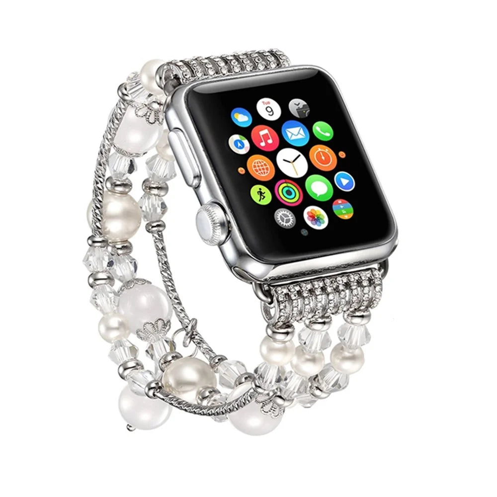 Agate Beads Pearl Watch Bracelet Band for Apple Watch Series 11 10 42mm / 9 8 7 41mm / SE3 SE2 SE 6 5 4 40mm / 3 2 1 38mm - White - 2