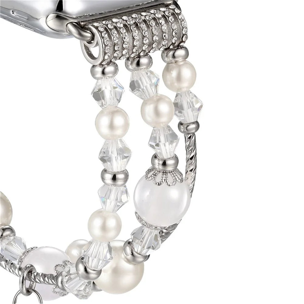 Agate Beads Pearl Watch Bracelet Band for Apple Watch Series 11 10 42mm / 9 8 7 41mm / SE3 SE2 SE 6 5 4 40mm / 3 2 1 38mm - White - 3
