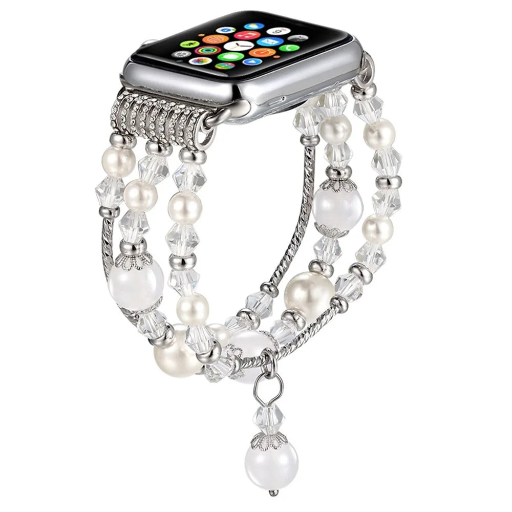 Agate Beads Pearl Watch Bracelet Band for Apple Watch Series 11 10 42mm / 9 8 7 41mm / SE3 SE2 SE 6 5 4 40mm / 3 2 1 38mm - White - 4