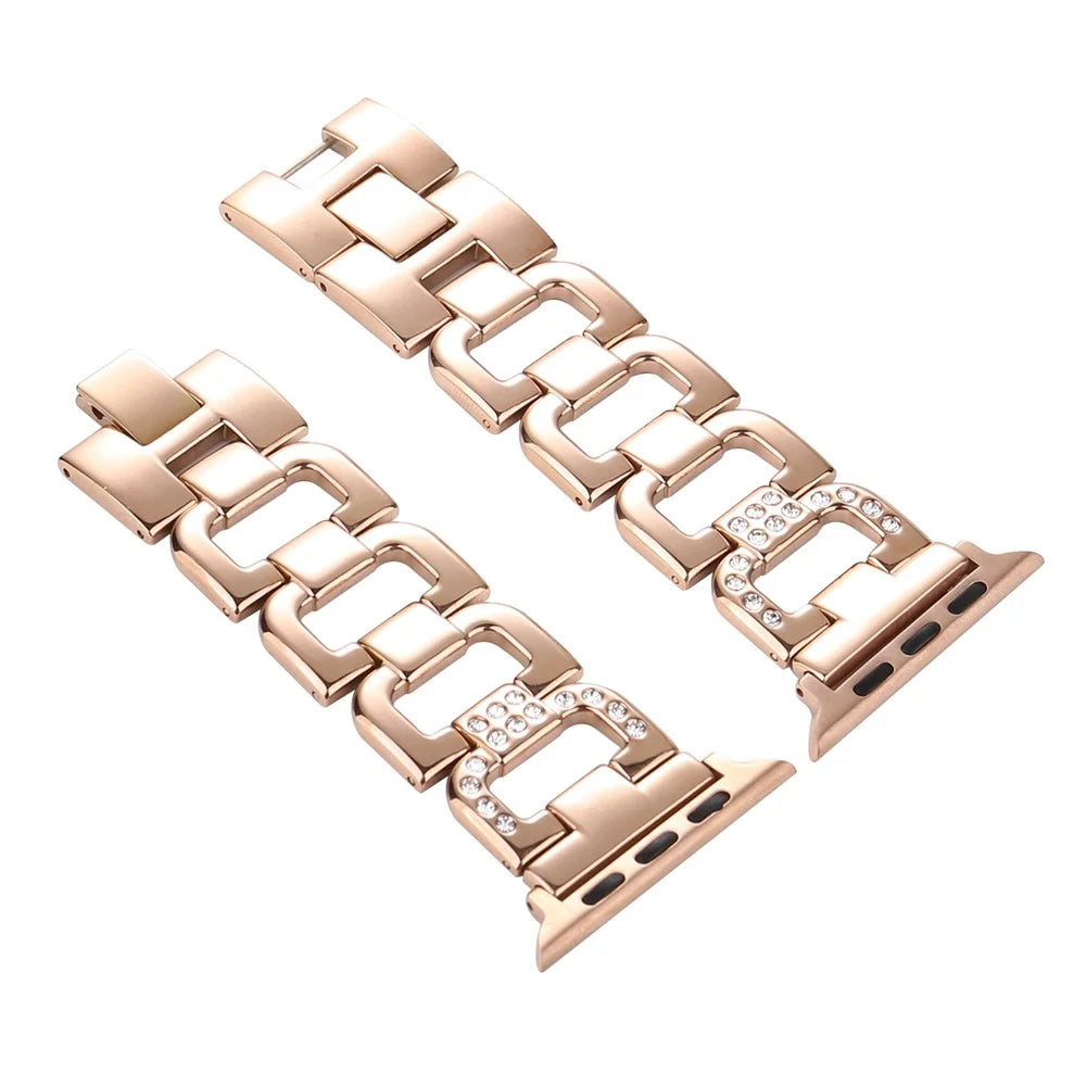 D-Shape Rhinestone Decor Stainless Steel Watch Band for Apple Watch Series 11 10 42mm / 9 8 7 41mm / SE3 SE2 SE 6 5 4 40mm / 3 2 1 38mm - Rose Gold - 1