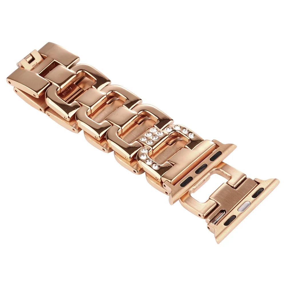 D-Shape Rhinestone Decor Stainless Steel Watch Band for Apple Watch Series 11 10 42mm / 9 8 7 41mm / SE3 SE2 SE 6 5 4 40mm / 3 2 1 38mm - Rose Gold - 3
