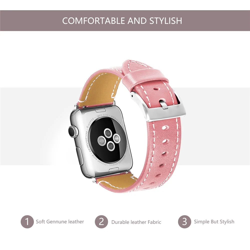 Genuine Leather Watch Wrist Bracelet for Apple Watch Ultra 3 2 1 49mm / Series 11 10 46mm / 9 8 7 45mm / SE3 SE2 SE 6 5 4 44mm / 3 2 1 42mm - Pink - 1