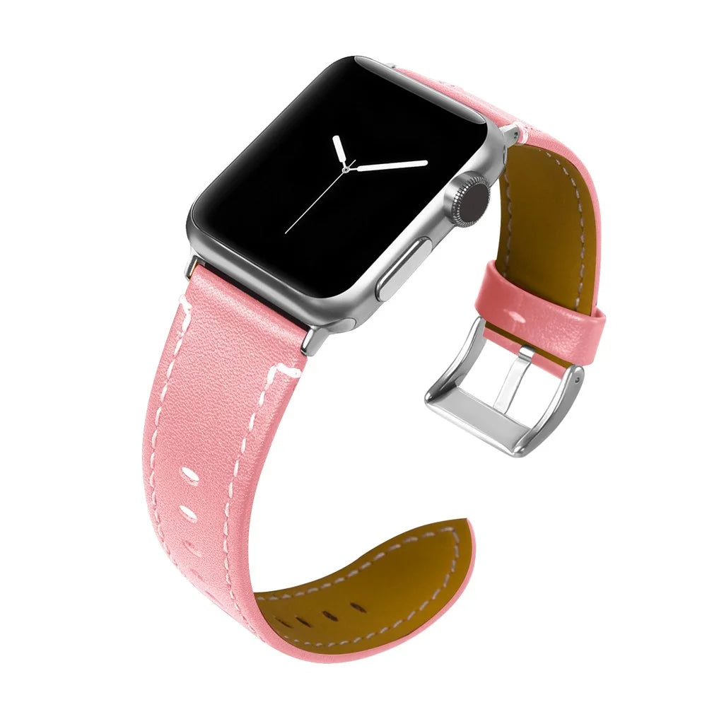 Genuine Leather Watch Wrist Bracelet for Apple Watch Ultra 3 2 1 49mm / Series 11 10 46mm / 9 8 7 45mm / SE3 SE2 SE 6 5 4 44mm / 3 2 1 42mm - Pink - 2