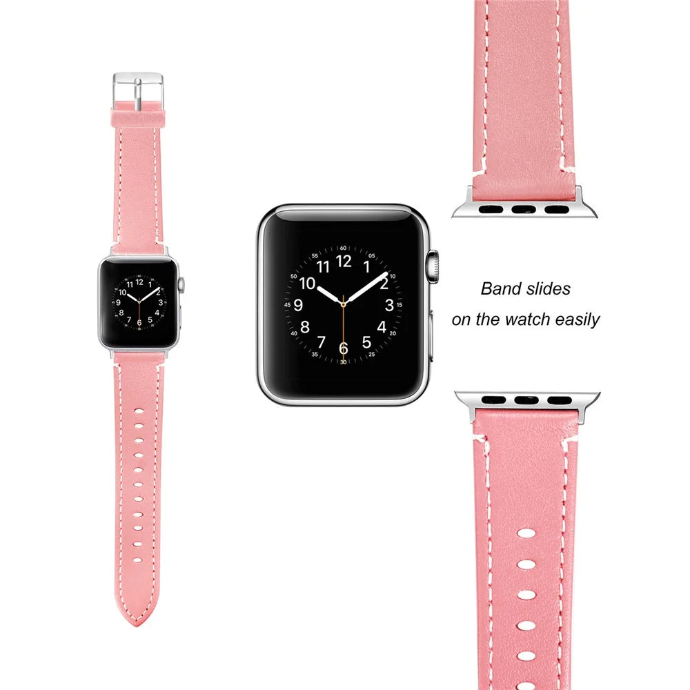 Genuine Leather Watch Wrist Bracelet for Apple Watch Ultra 3 2 1 49mm / Series 11 10 46mm / 9 8 7 45mm / SE3 SE2 SE 6 5 4 44mm / 3 2 1 42mm - Pink - 3