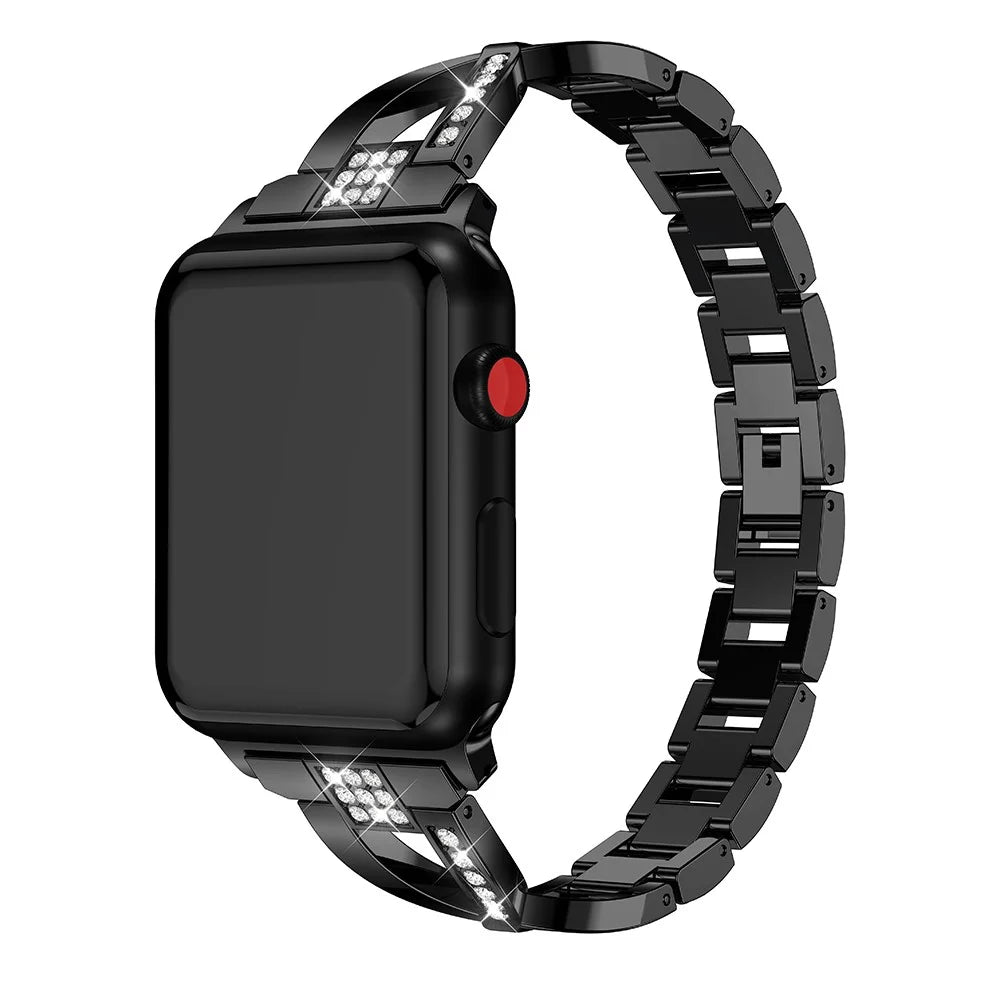 Diamonds Decor X Shaped Stainless Steel Watch Wristband for Apple Watch Series 11 10 42mm / 9 8 7 41mm / SE3 SE2 SE 6 5 4 40mm / 3 2 1 38mm - Black - 1