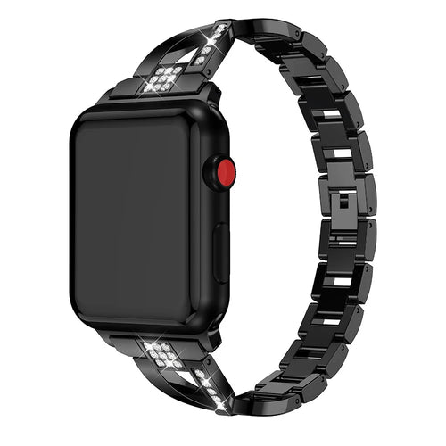 Diamonds Decor X Shaped Stainless Steel Watch Wristband for Apple Watch Series 11 10 42mm / 9 8 7 41mm / SE3 SE2 SE 6 5 4 40mm / 3 2 1 38mm - Black - 1