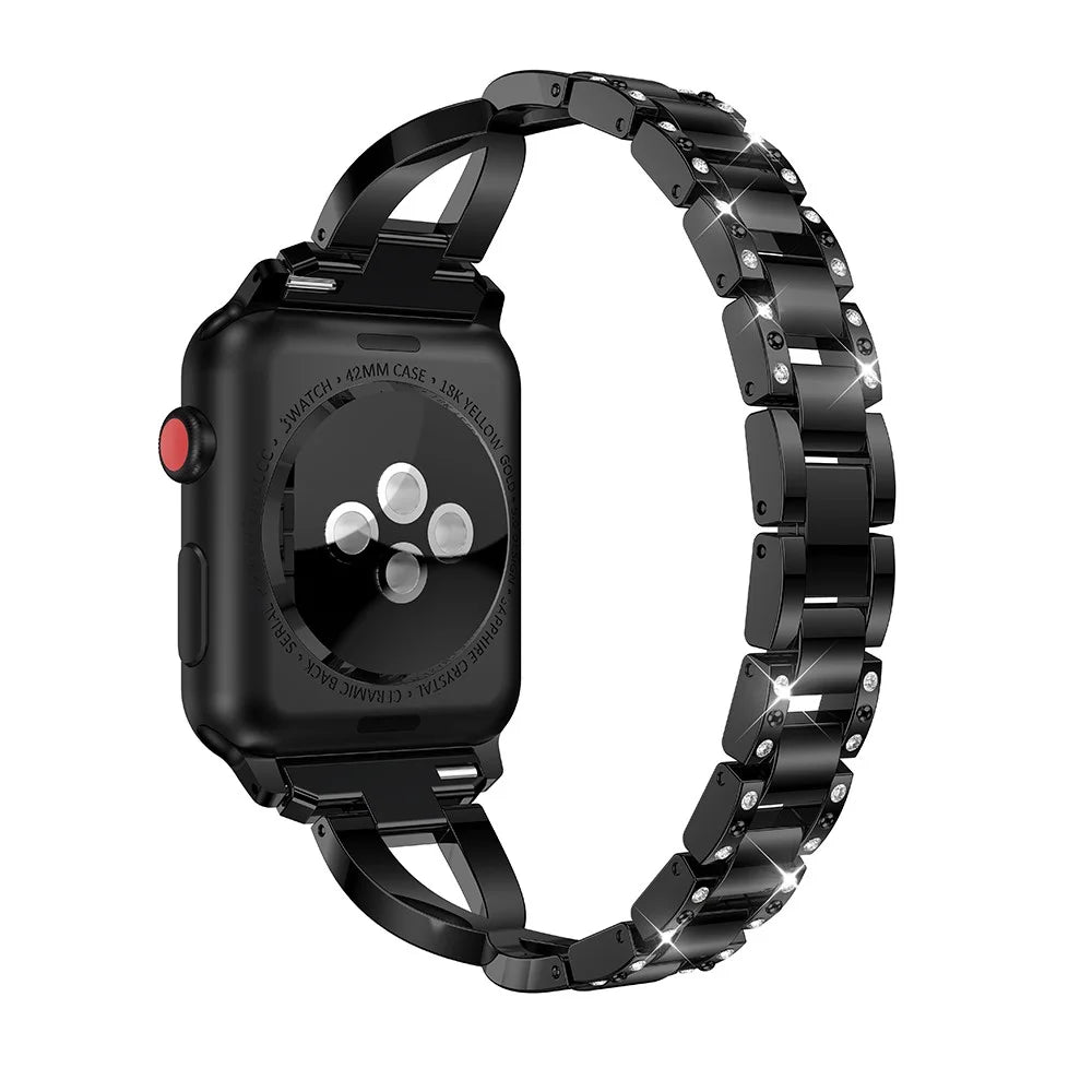 Diamonds Decor X Shaped Stainless Steel Watch Wristband for Apple Watch Series 11 10 42mm / 9 8 7 41mm / SE3 SE2 SE 6 5 4 40mm / 3 2 1 38mm - Black - 2