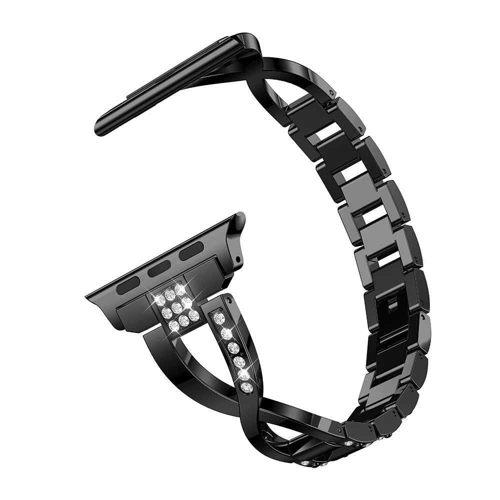 Diamonds Decor X Shaped Stainless Steel Watch Wristband for Apple Watch Series 11 10 42mm / 9 8 7 41mm / SE3 SE2 SE 6 5 4 40mm / 3 2 1 38mm - Black - 4