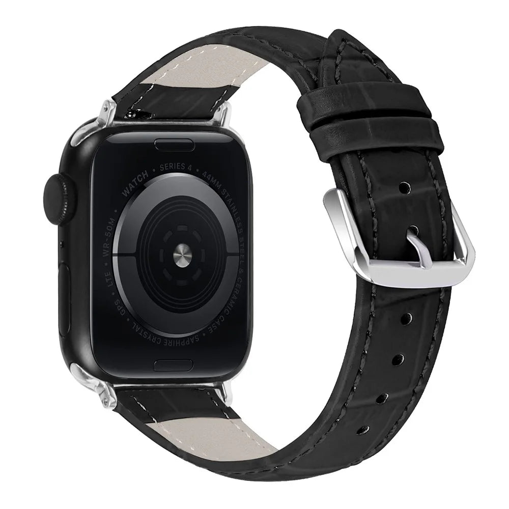 Genuine Leather Metal Buckle Watch Band for Apple Watch Ultra 3 2 1 49mm / Series 11 10 46mm / 9 8 7 45mm / SE3 SE2 SE 6 5 4 44mm / 3 2 1 42mm - Black - 1