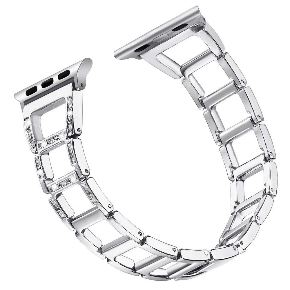 Zinc Alloy Watch Bracelet for Apple Watch Series 11 10 42mm / 9 8 7 41mm / SE3 SE2 SE 6 5 4 40mm / 3 2 1 38mm [Hollow Ladder-Shaped] [Rhinestone Decor] - Silver - 1