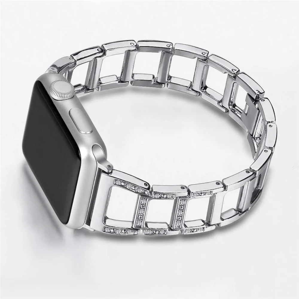 Zinc Alloy Watch Bracelet for Apple Watch Series 11 10 42mm / 9 8 7 41mm / SE3 SE2 SE 6 5 4 40mm / 3 2 1 38mm [Hollow Ladder-Shaped] [Rhinestone Decor] - Silver - 2