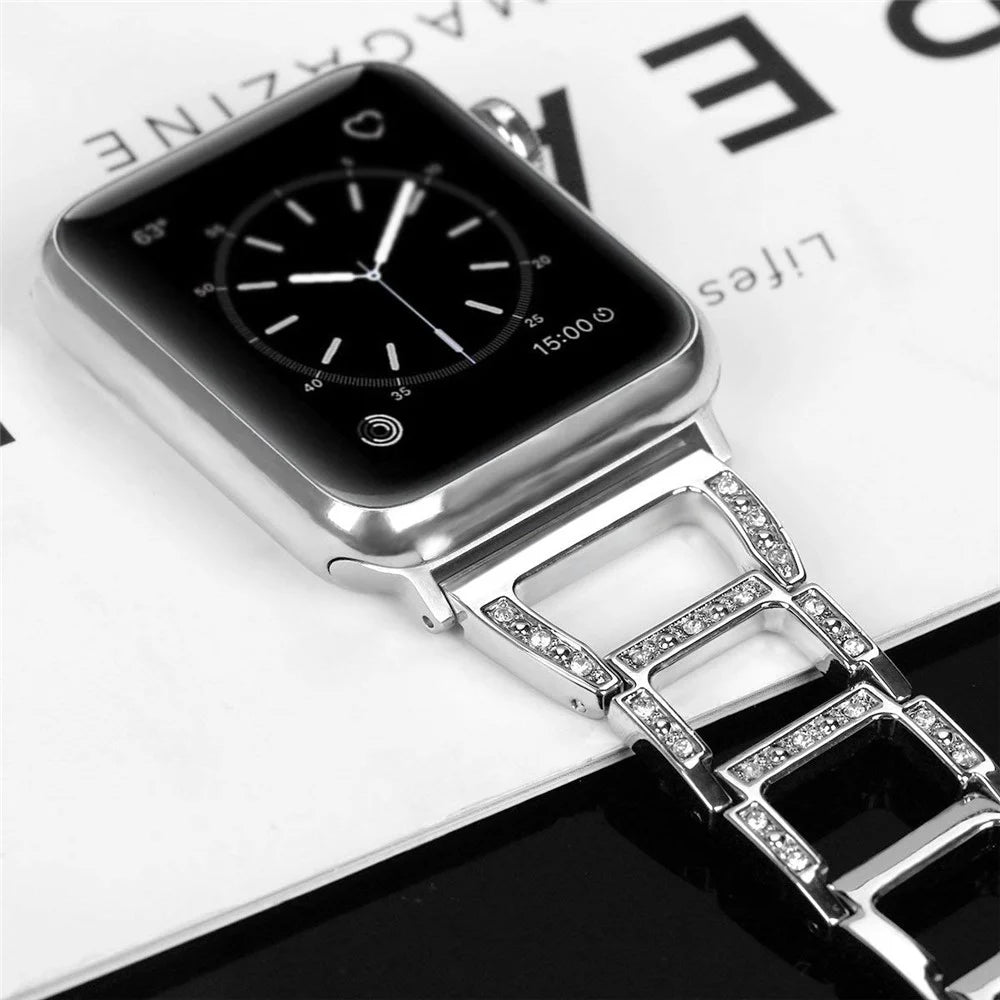 Zinc Alloy Watch Bracelet for Apple Watch Series 11 10 42mm / 9 8 7 41mm / SE3 SE2 SE 6 5 4 40mm / 3 2 1 38mm [Hollow Ladder-Shaped] [Rhinestone Decor] - Silver - 3