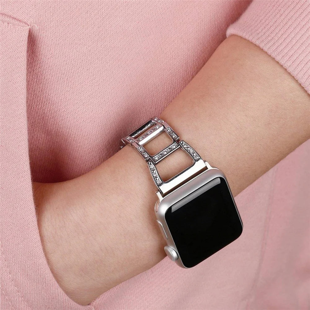 Zinc Alloy Watch Bracelet for Apple Watch Series 11 10 42mm / 9 8 7 41mm / SE3 SE2 SE 6 5 4 40mm / 3 2 1 38mm [Hollow Ladder-Shaped] [Rhinestone Decor] - Silver - 5