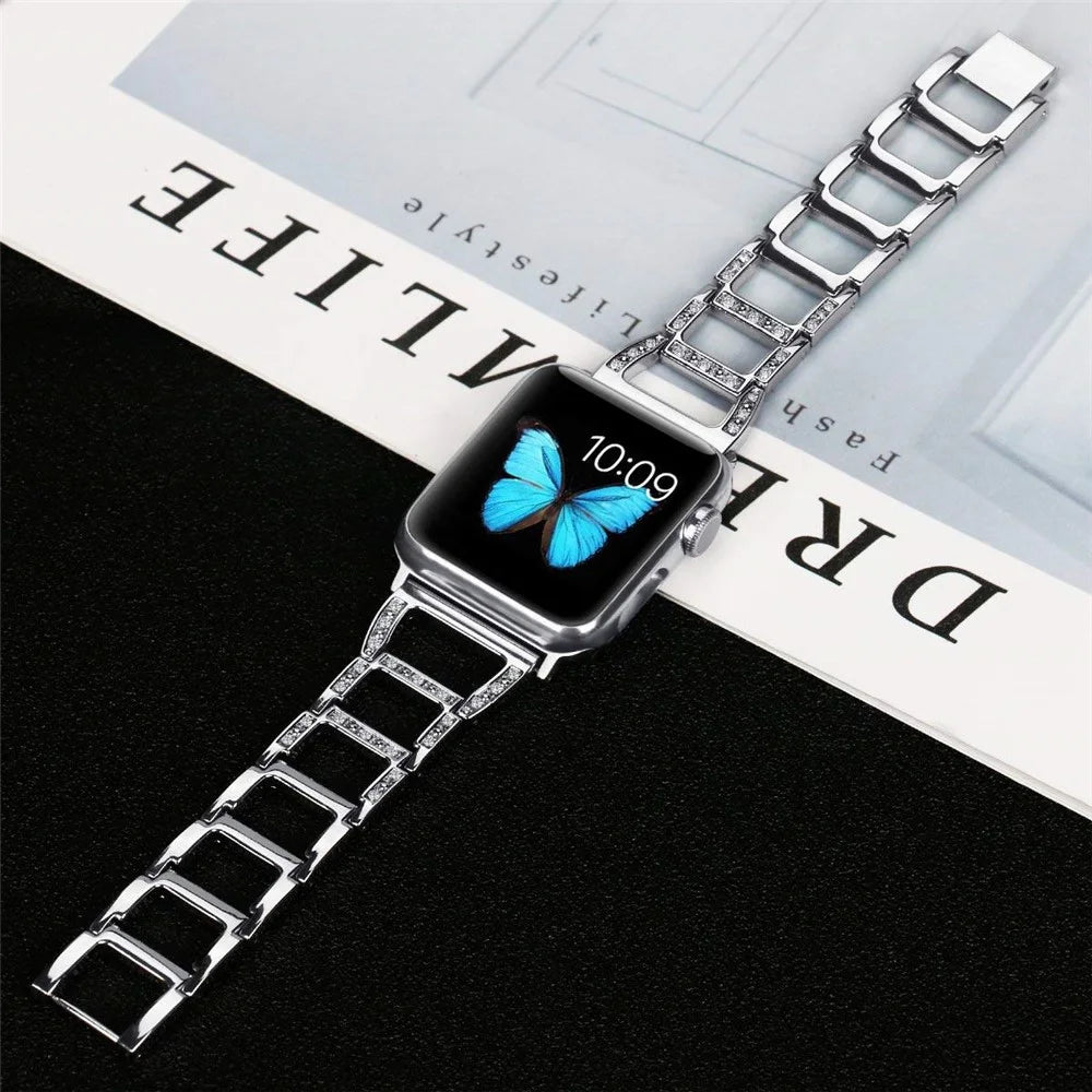 Zinc Alloy Watch Bracelet for Apple Watch Series 11 10 42mm / 9 8 7 41mm / SE3 SE2 SE 6 5 4 40mm / 3 2 1 38mm [Hollow Ladder-Shaped] [Rhinestone Decor] - Silver - 6