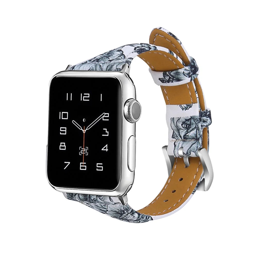 Flower Pattern Genuine Leather Wrist Band for Apple Watch Series 11 10 42mm / 9 8 7 41mm / SE3 SE2 SE 6 5 4 40mm / 3 2 1 38mm - Style B - 2