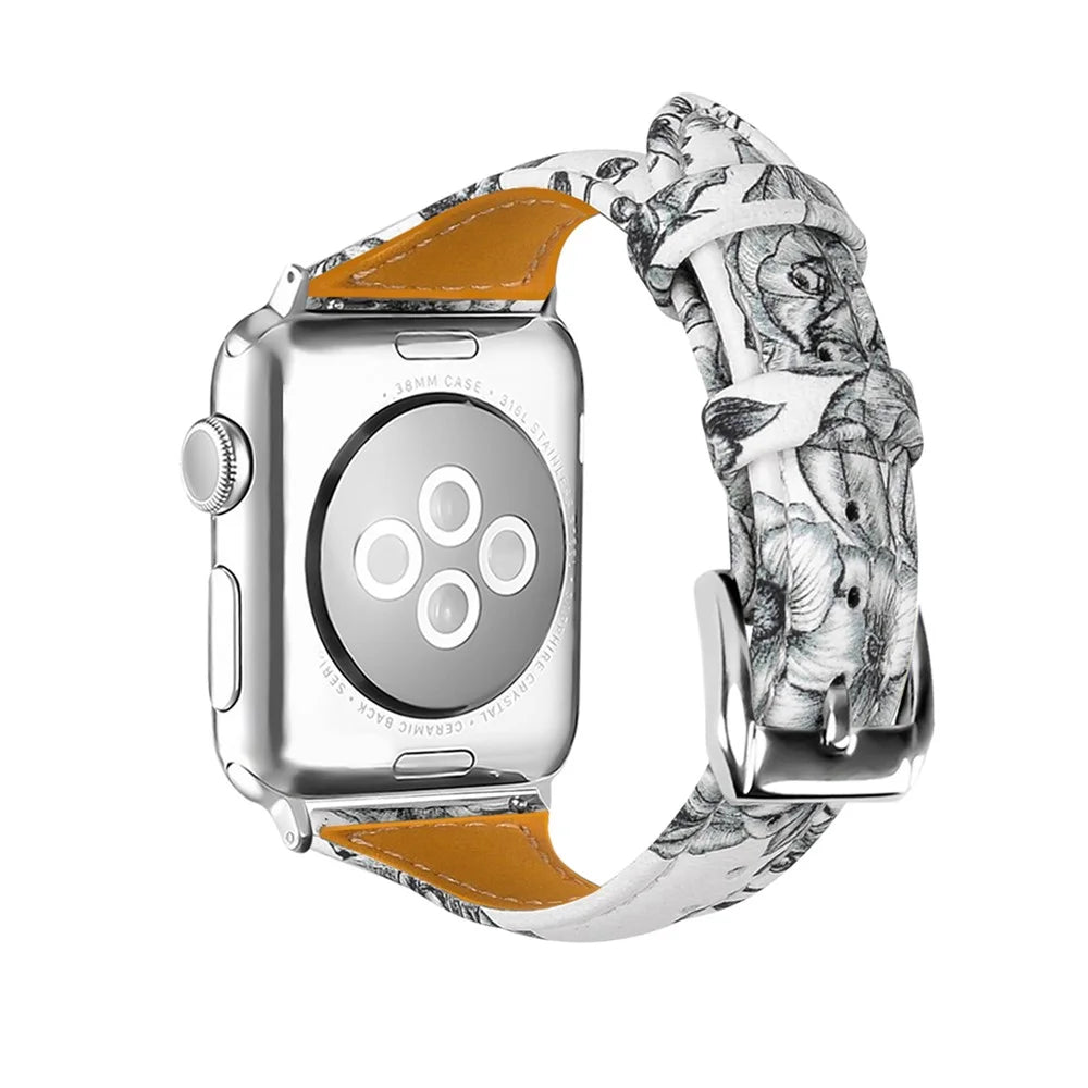 Flower Pattern Genuine Leather Wrist Band for Apple Watch Series 11 10 42mm / 9 8 7 41mm / SE3 SE2 SE 6 5 4 40mm / 3 2 1 38mm - Style B - 3