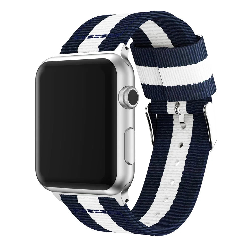 Metal Buckle Woven Nylon Wirstband Strap for Apple Watch Ultra 3 2 1 49mm / Series 11 10 46mm / 9 8 7 45mm / SE3 SE2 SE 6 5 4 44mm / 3 2 1 42mm - Blue / White - 1