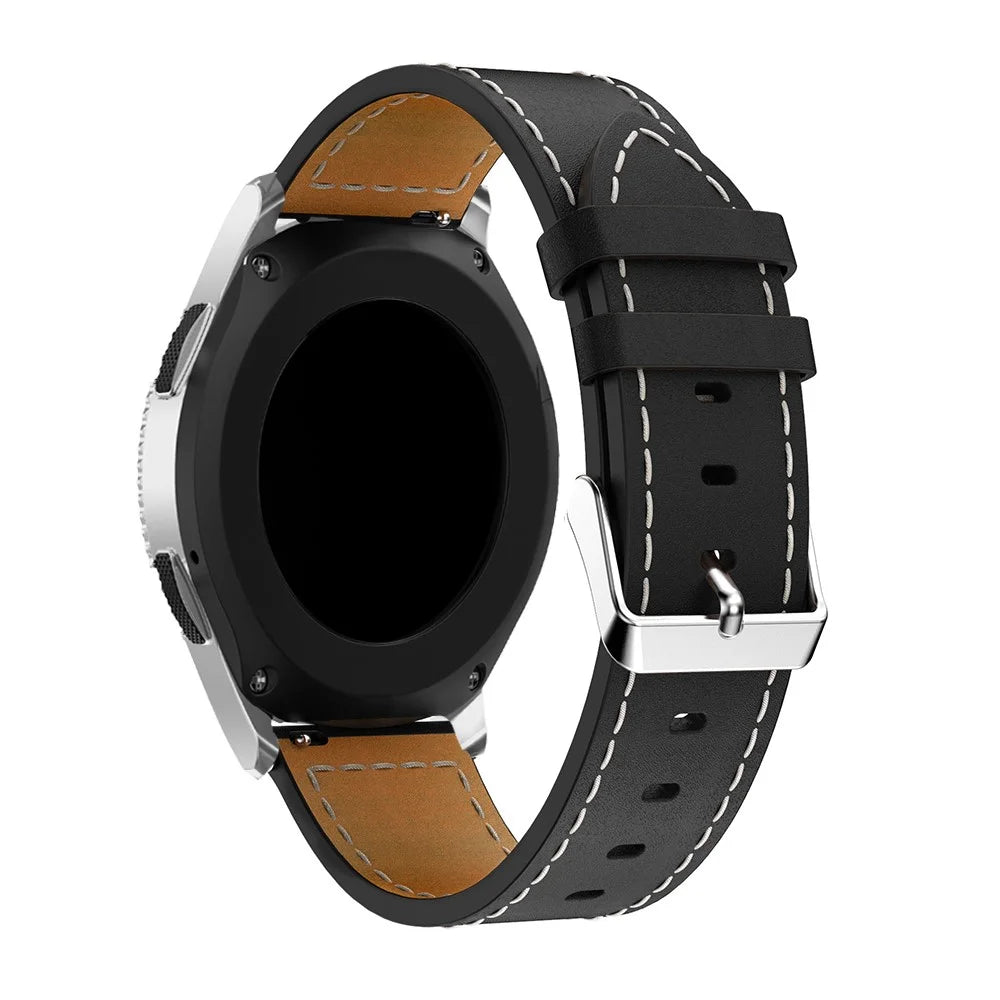 For Samsung Galaxy Watch 46mm Genuine Cow Leather Watch Strap 22mm Adjustable Watchband with White Stitching Line - Black - 1