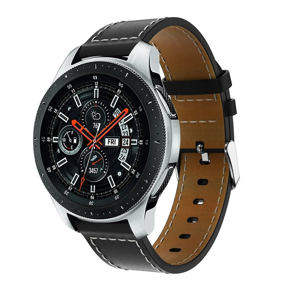 For Samsung Galaxy Watch 46mm Genuine Cow Leather Watch Strap 22mm Adjustable Watchband with White Stitching Line - Black - 3