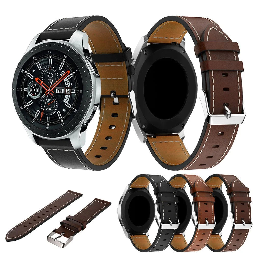 For Samsung Galaxy Watch 46mm Genuine Cow Leather Watch Strap 22mm Adjustable Watchband with White Stitching Line - Black - 4