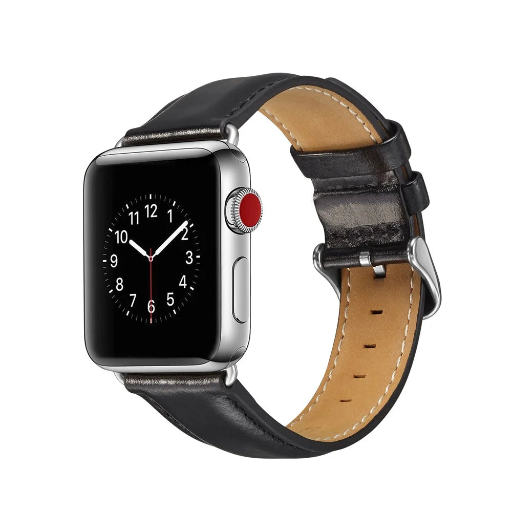 Top Layer Crazy Horse Texture Cowhide Leather Watch Band for Apple Watch Ultra 3 2 1 49mm / Series 11 10 46mm / 9 8 7 45mm / SE3 SE2 SE 6 5 4 44mm / 3 2 1 42mm - Black - 2