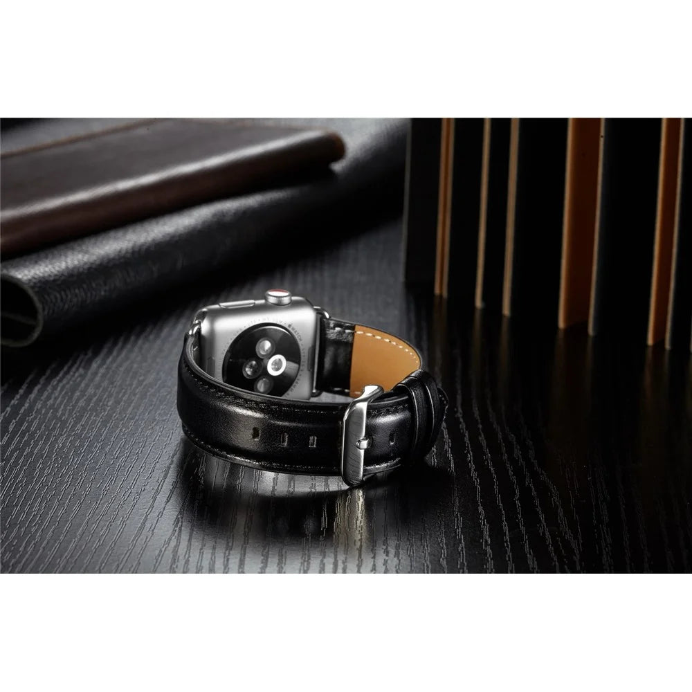 Top Layer Crazy Horse Texture Cowhide Leather Watch Band for Apple Watch Ultra 3 2 1 49mm / Series 11 10 46mm / 9 8 7 45mm / SE3 SE2 SE 6 5 4 44mm / 3 2 1 42mm - Black - 6