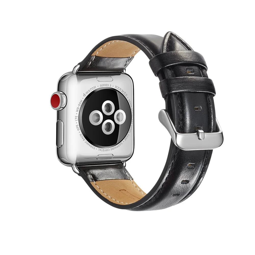 Top Layer Crazy Horse Texture Cowhide Leather Watch Band for Apple Watch Series 11 10 42mm / 9 8 7 41mm / SE3 SE2 SE 6 5 4 40mm / 3 2 1 38mm - Black - 1