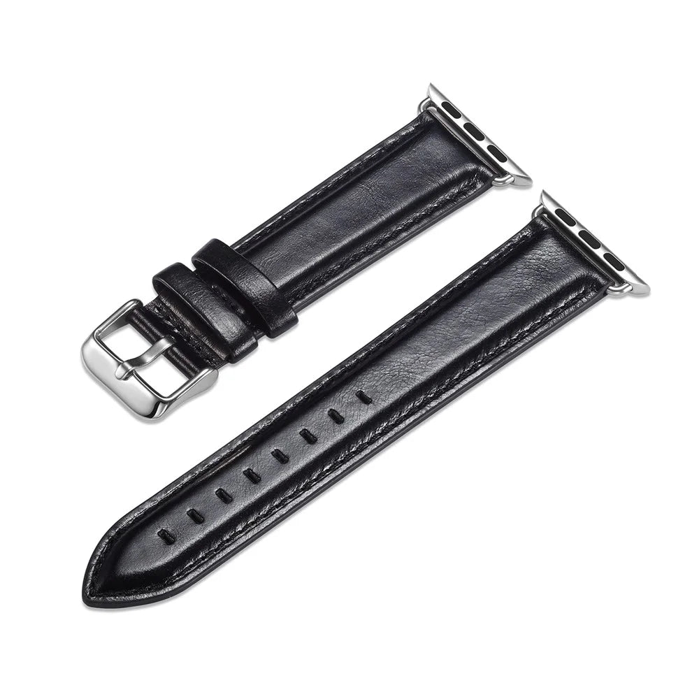 Top Layer Crazy Horse Texture Cowhide Leather Watch Band for Apple Watch Series 11 10 42mm / 9 8 7 41mm / SE3 SE2 SE 6 5 4 40mm / 3 2 1 38mm - Black - 3