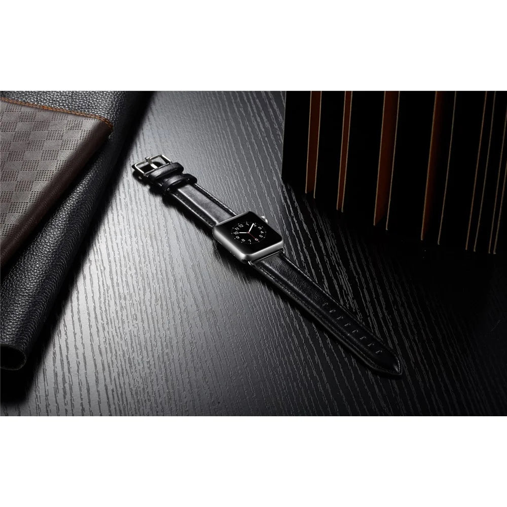 Top Layer Crazy Horse Texture Cowhide Leather Watch Band for Apple Watch Series 11 10 42mm / 9 8 7 41mm / SE3 SE2 SE 6 5 4 40mm / 3 2 1 38mm - Black - 7