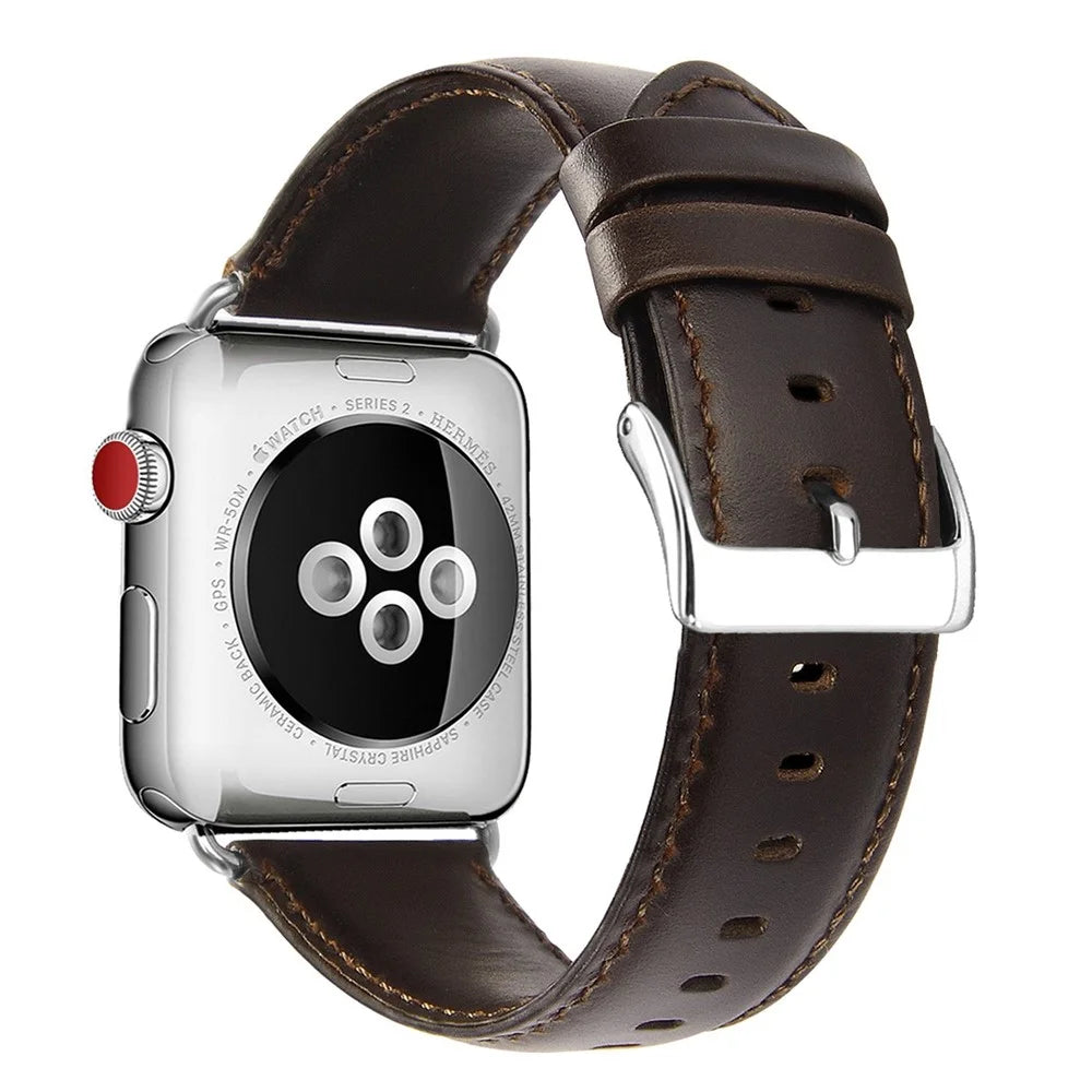 Top Layer Crazy Horse Cowhide Leather Watch Strap Replacement for Apple Watch Ultra 3 2 1 49mm / Series 11 10 46mm / 9 8 7 45mm / SE3 SE2 SE 6 5 4 44mm / 3 2 1 42mm - Coffee - 1