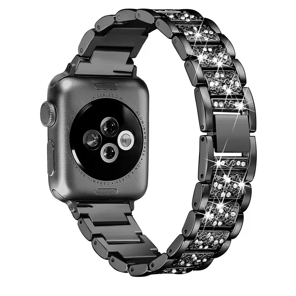 For Apple Watch Series 11 10 42mm / 9 8 7 41mm / SE3 SE2 SE 6 5 4 40mm / 3 2 1 38mm Rhinestone Decor Wrist Strap Stainless Steel Watch Band Replacement - Black - 1