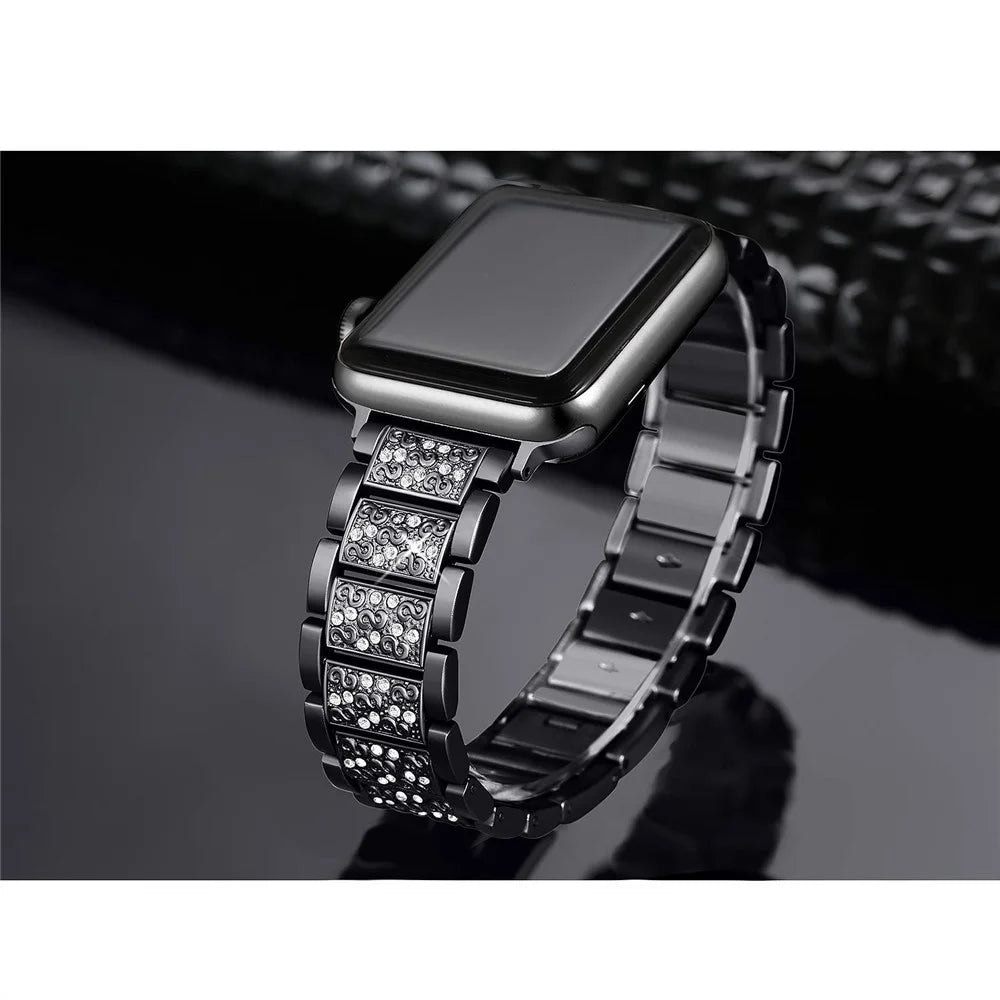 For Apple Watch Series 11 10 42mm / 9 8 7 41mm / SE3 SE2 SE 6 5 4 40mm / 3 2 1 38mm Rhinestone Decor Wrist Strap Stainless Steel Watch Band Replacement - Black - 2