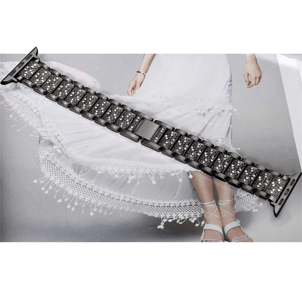 For Apple Watch Series 11 10 42mm / 9 8 7 41mm / SE3 SE2 SE 6 5 4 40mm / 3 2 1 38mm Rhinestone Decor Wrist Strap Stainless Steel Watch Band Replacement - Black - 3