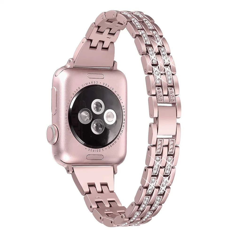 Double-Row Rhinestone Decor Stainless Steel Watch Band Replacement for Apple Watch Series 11 10 42mm / 9 8 7 41mm / SE3 SE2 SE 6 5 4 40mm / 3 2 1 38mm- Rose Gold - 1