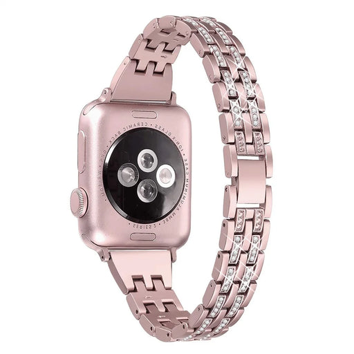Double-Row Rhinestone Decor Stainless Steel Watch Band Replacement for Apple Watch Series 11 10 42mm / 9 8 7 41mm / SE3 SE2 SE 6 5 4 40mm / 3 2 1 38mm- Rose Gold - 1