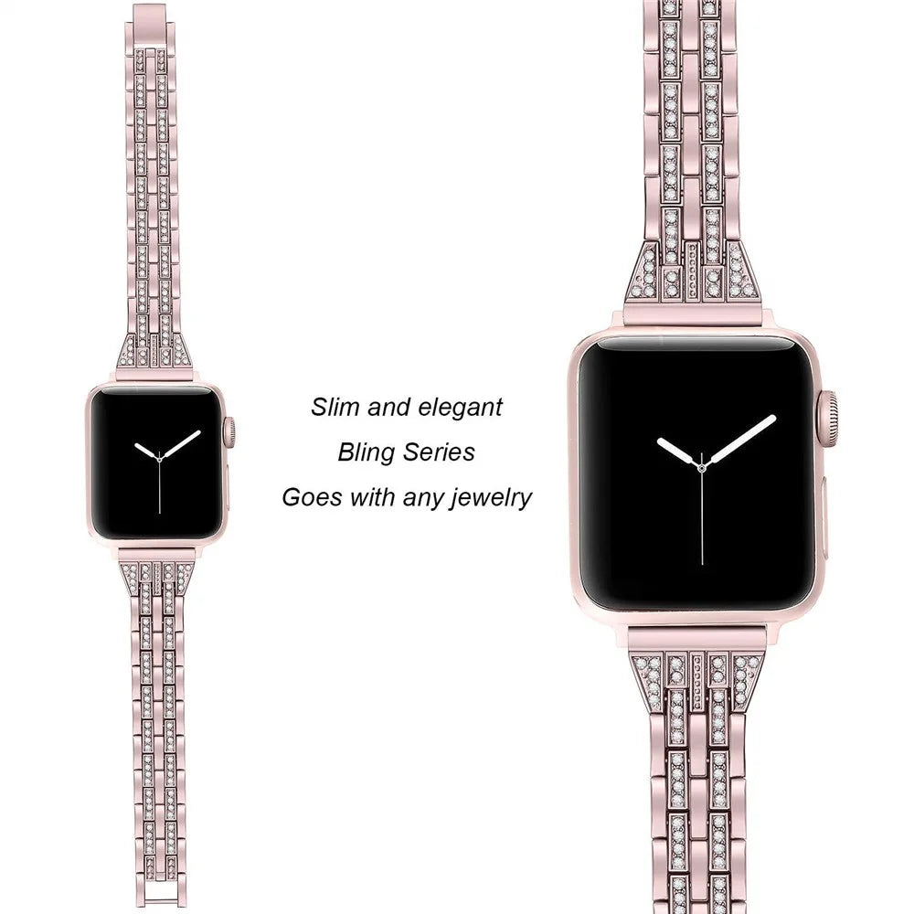 Double-Row Rhinestone Decor Stainless Steel Watch Band Replacement for Apple Watch Series 11 10 42mm / 9 8 7 41mm / SE3 SE2 SE 6 5 4 40mm / 3 2 1 38mm- Rose Gold - 3
