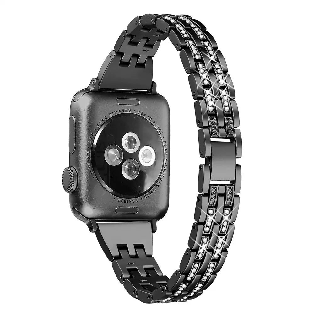 Stylish Double-Row Rhinestone Decor Stainless Steel Watch Band for Apple Watch Ultra 3 2 1 49mm / Series 11 10 46mm / 9 8 7 45mm / SE3 SE2 SE 6 5 4 44mm / 3 2 1 42mm - Black - 1