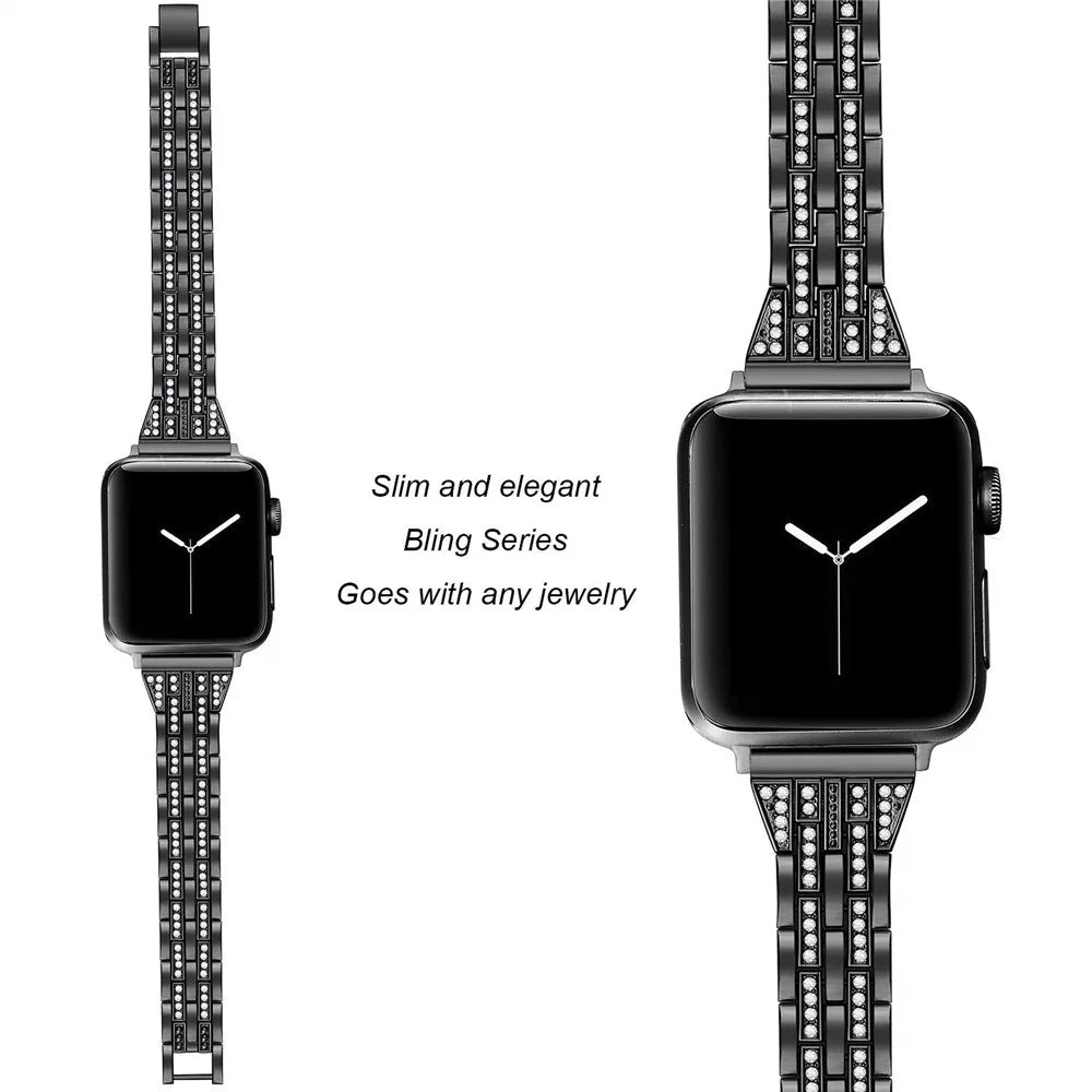 Stylish Double-Row Rhinestone Decor Stainless Steel Watch Band for Apple Watch Ultra 3 2 1 49mm / Series 11 10 46mm / 9 8 7 45mm / SE3 SE2 SE 6 5 4 44mm / 3 2 1 42mm - Black - 3