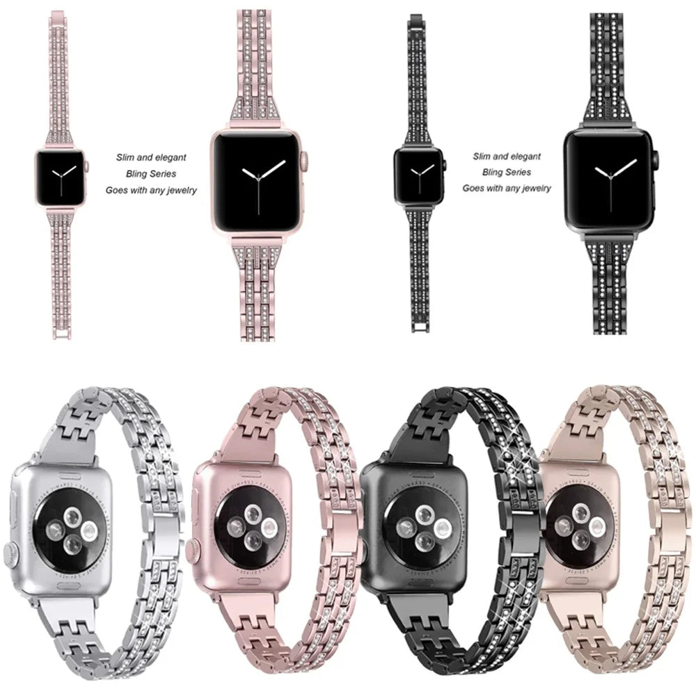Stylish Double-Row Rhinestone Decor Stainless Steel Watch Band for Apple Watch Ultra 3 2 1 49mm / Series 11 10 46mm / 9 8 7 45mm / SE3 SE2 SE 6 5 4 44mm / 3 2 1 42mm - Black - 4