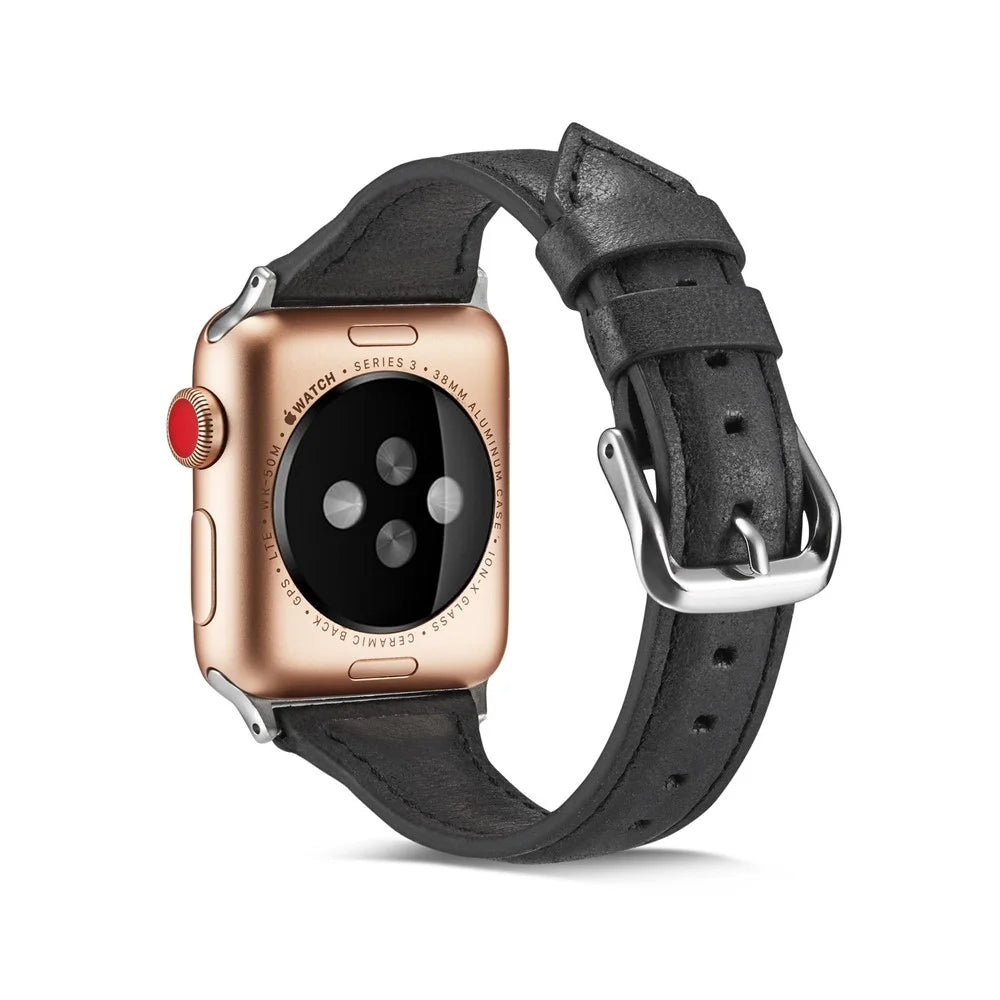 Thin Genuine Leather Watch Strap for Apple Watch Ultra 3 2 1 49mm / Series 11 10 46mm / 9 8 7 45mm / SE3 SE2 SE 6 5 4 44mm / 3 2 1 42mm - Black - 1