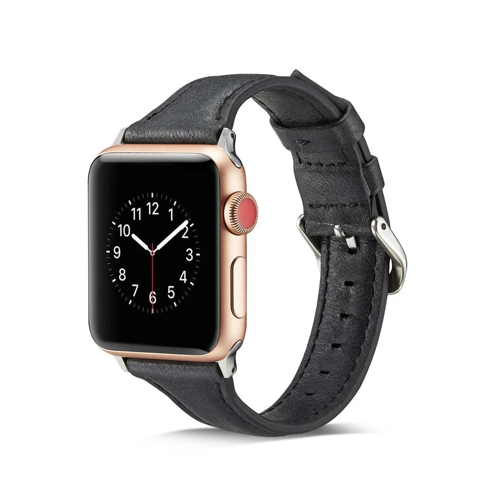 Thin Genuine Leather Watch Strap for Apple Watch Ultra 3 2 1 49mm / Series 11 10 46mm / 9 8 7 45mm / SE3 SE2 SE 6 5 4 44mm / 3 2 1 42mm - Black - 3