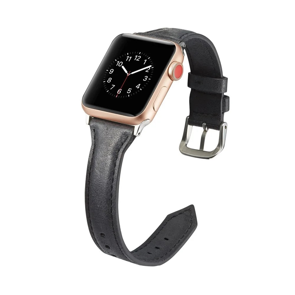 Thin Genuine Leather Watch Strap for Apple Watch Ultra 3 2 1 49mm / Series 11 10 46mm / 9 8 7 45mm / SE3 SE2 SE 6 5 4 44mm / 3 2 1 42mm - Black - 4
