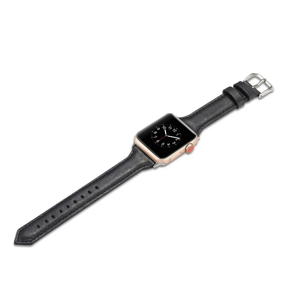 Thin Genuine Leather Watch Strap for Apple Watch Ultra 3 2 1 49mm / Series 11 10 46mm / 9 8 7 45mm / SE3 SE2 SE 6 5 4 44mm / 3 2 1 42mm - Black - 5