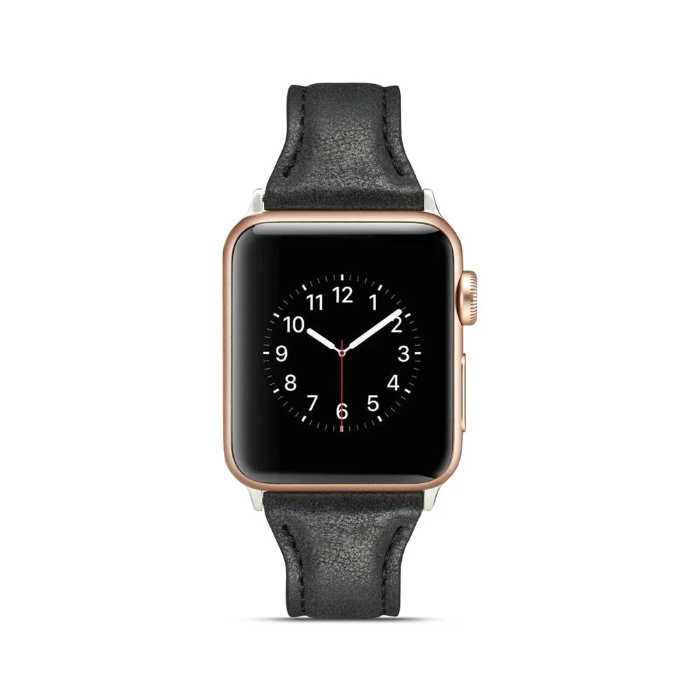 Thin Genuine Leather Watch Strap for Apple Watch Series 11 10 42mm / 9 8 7 41mm / SE3 SE2 SE 6 5 4 40mm / 3 2 1 38mm - Black - 3