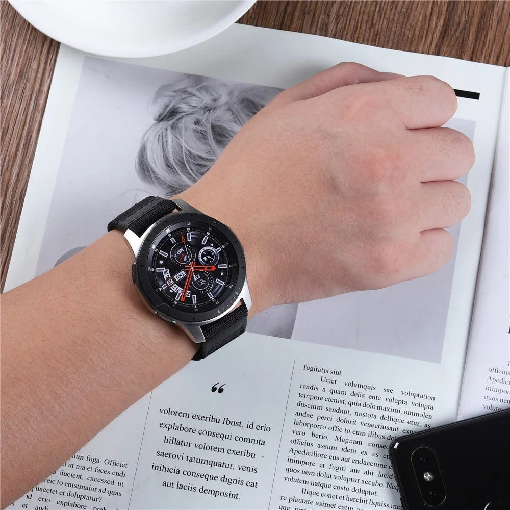 Universal 20mm Replacement Watch Band Nylon + Genuine Leather for Samsung Galaxy Watch 42mm etc. - Black - 4