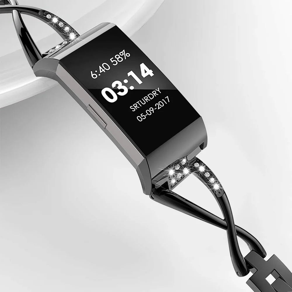 X Shape Rhinestone Decor Stainless Steel Band for Fitbit Charge 4 / 3 - Black - 2