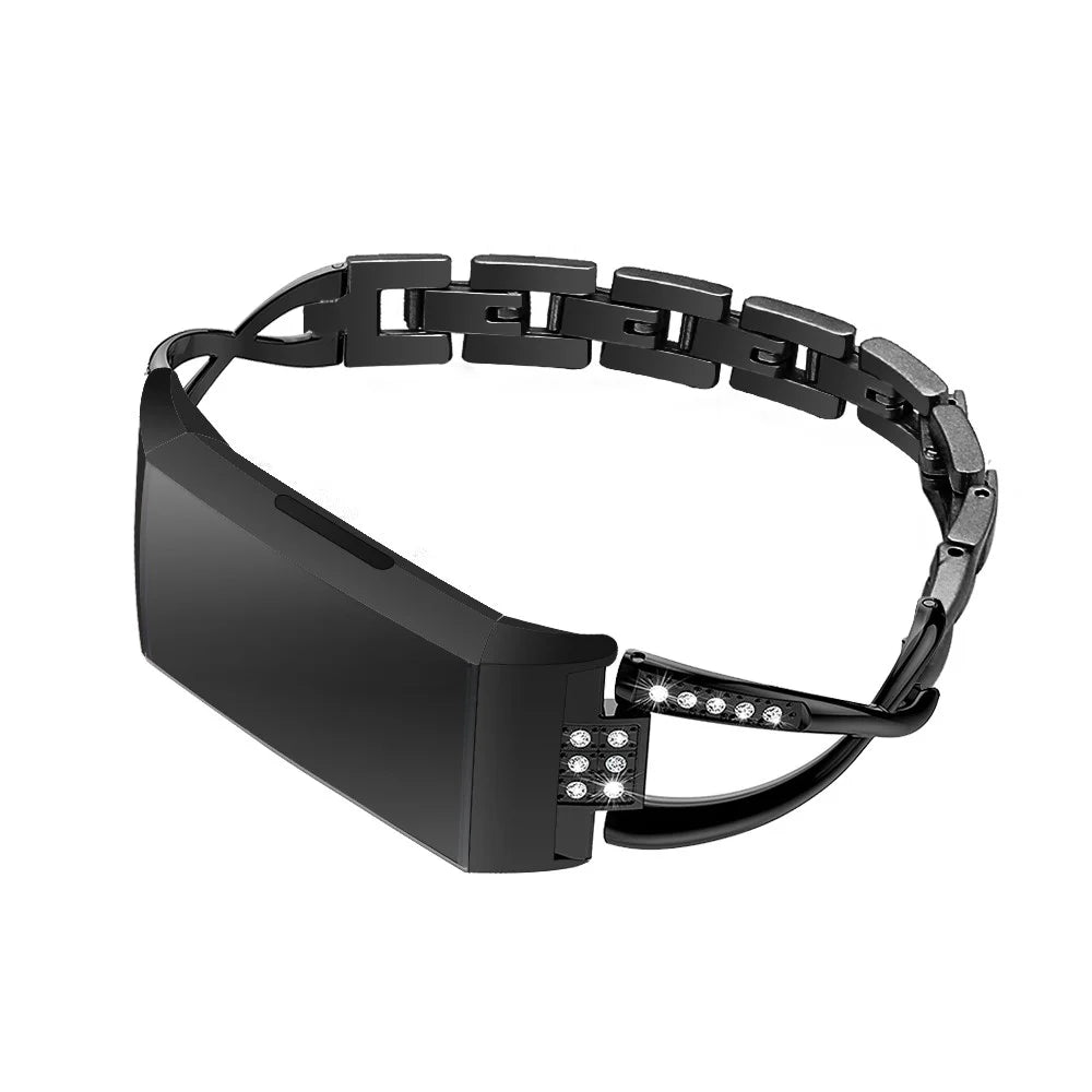 X Shape Rhinestone Decor Stainless Steel Band for Fitbit Charge 4 / 3 - Black - 3