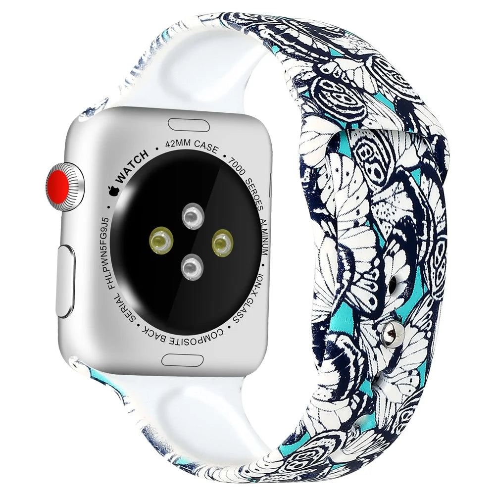 For Apple Watch Series 11 10 42mm / 9 8 7 41mm / SE3 SE2 SE 6 5 4 40mm / 3 2 1 38mm Pattern Printing Wrist Band Silicone Watch Strap - Style E - 1