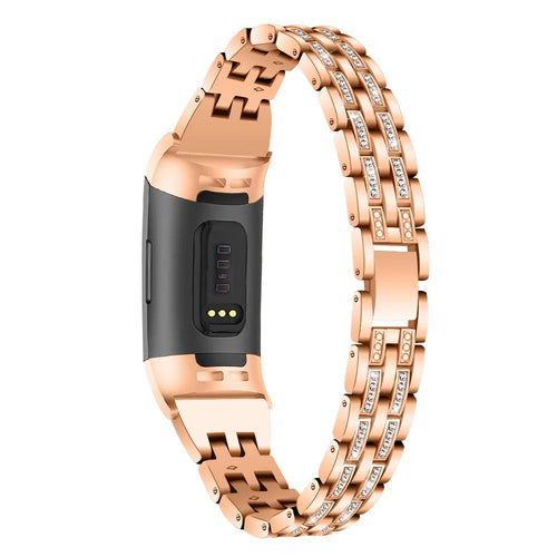 Dual Rows Rhinestone Decor Stainless Steel Watch Band for Fitbit Charge 4 / 3 - Rose Gold - 1